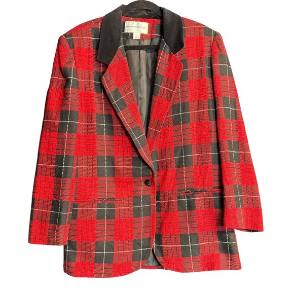 Vintage Red Plaid Blazer & Shorts Set Velvet Collar Grunge Academia 90s Prep |12 - Picture 1 of 8